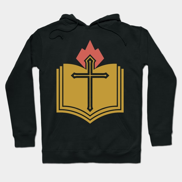 The cross of the Lord Jesus Christ, an open Bible and a flame of fire are a symbol of the Holy Spirit. Hoodie by Reformer